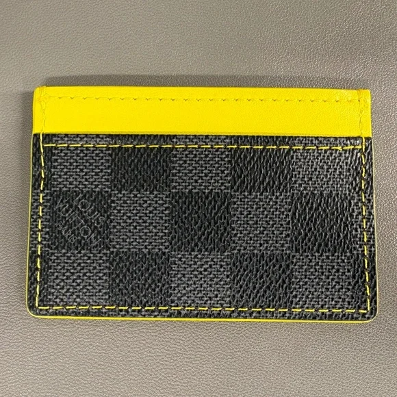 Upcycled LV Damier Graphite Canvas & Yellow Leather Card Case Holder - Picture 1 of 6